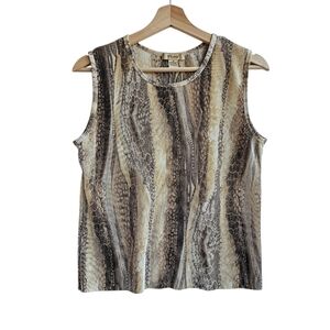 Vintage Plisse Brown Tan Snake Print Pleated Sleeveless Tank Top M